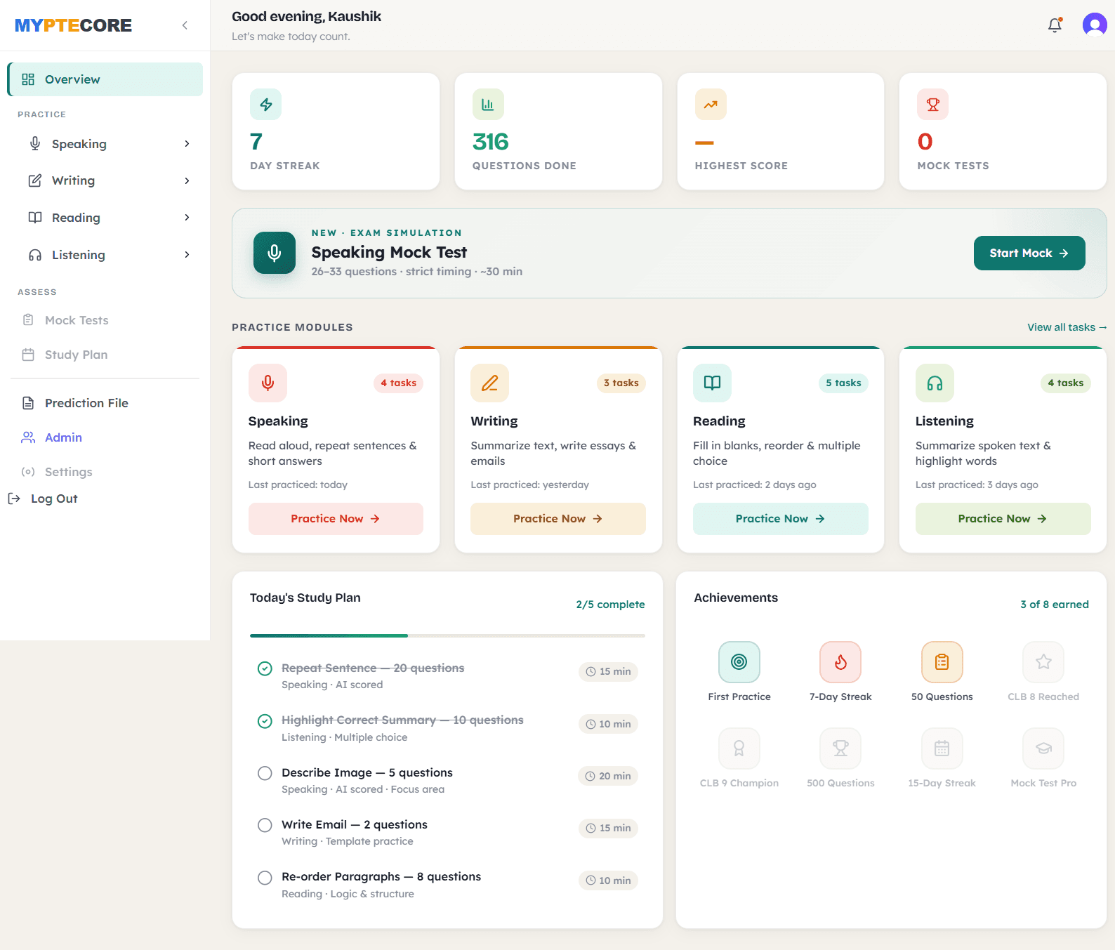 MyPTECore dashboard preview
